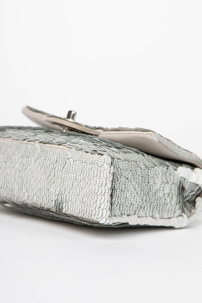 2010s Chanel Silver Sequin Mini Rectangular Single Flap Shoulder Bag