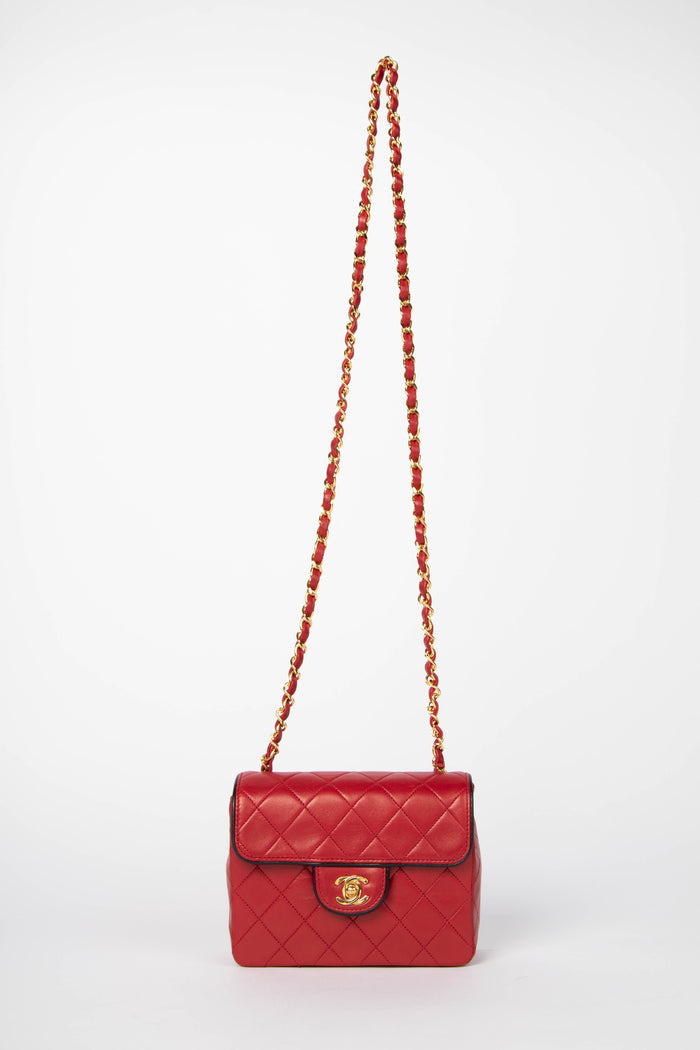 90s Chanel Red Lambskin Mini Square Flap Bag with 24K GHW