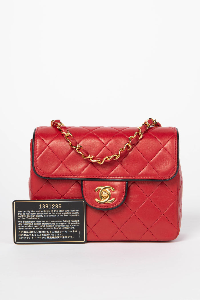 90s Chanel Red Lambskin Mini Square Flap Bag with 24K GHW