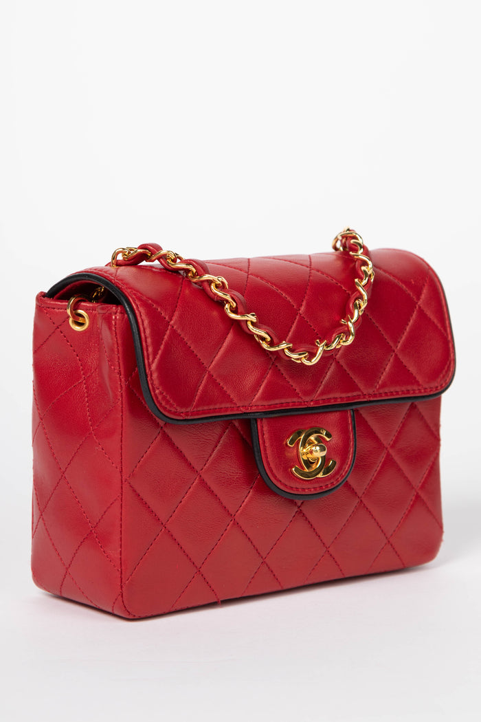 90s Chanel Red Lambskin Mini Square Flap Bag with 24K GHW