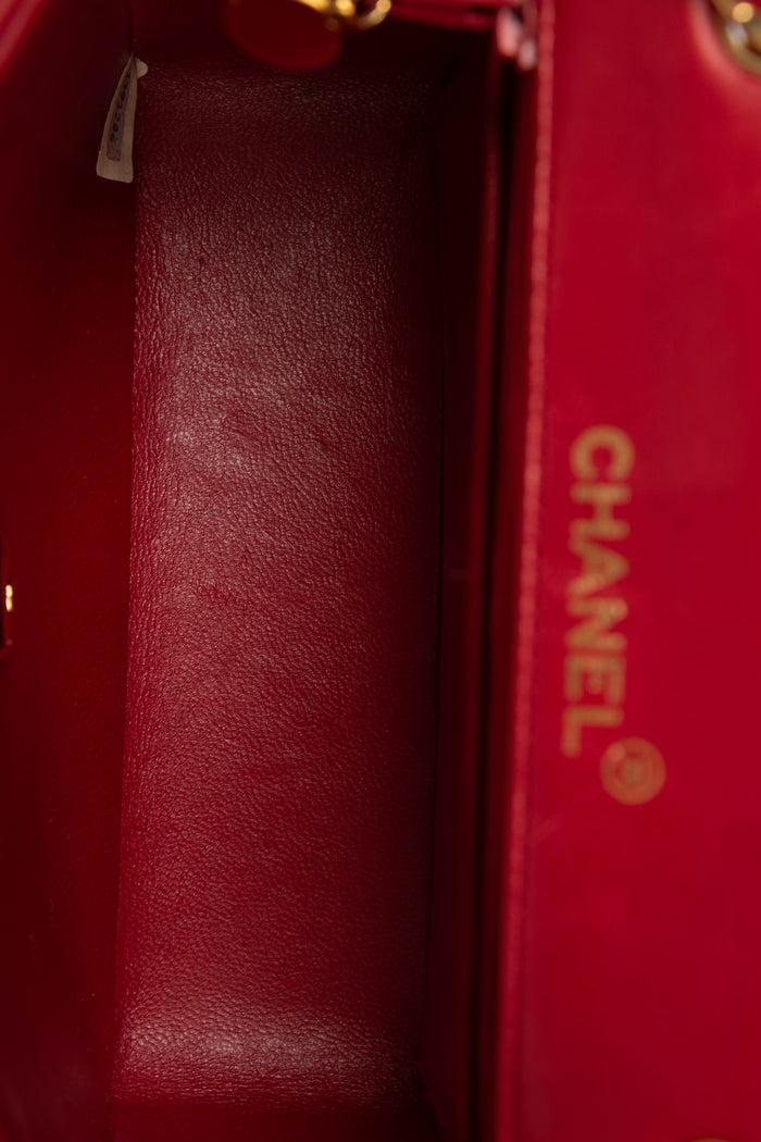 90s Chanel Red Lambskin Mini Square Flap Bag with 24K GHW