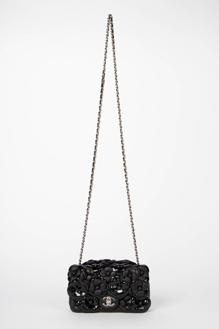 RARE Chanel Black Camellia Mini Rectangular Single Flap Bag