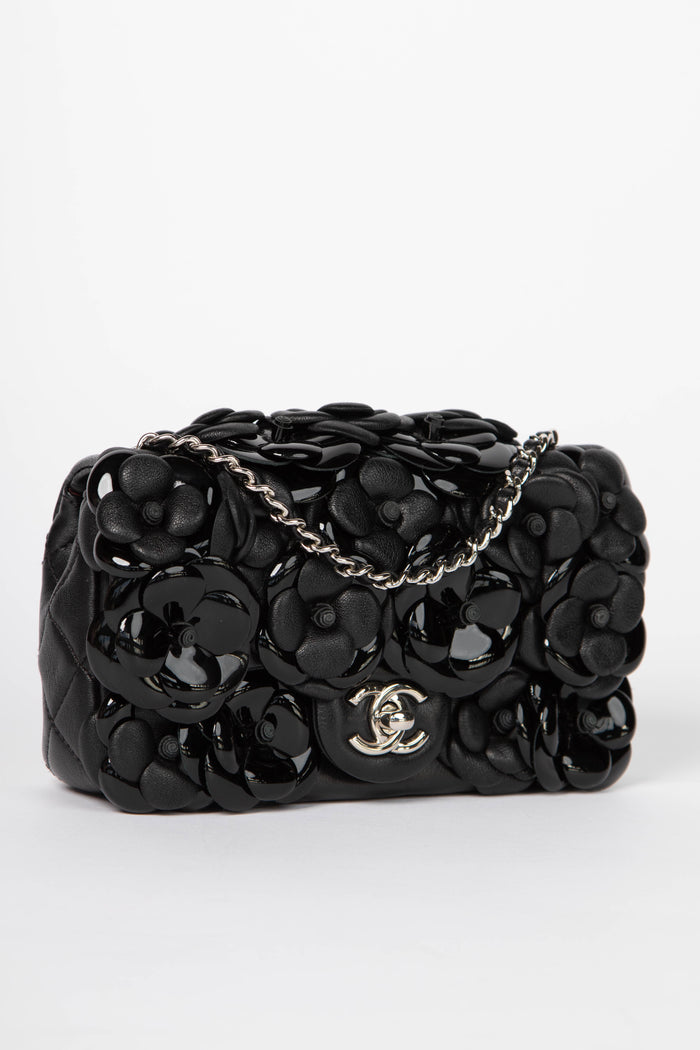 RARE Chanel Black Camellia Mini Rectangular Single Flap Bag