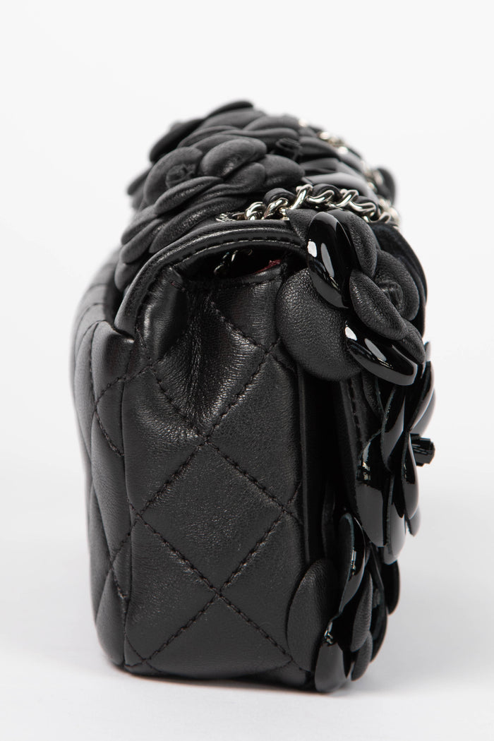 RARE Chanel Black Camellia Mini Rectangular Single Flap Bag