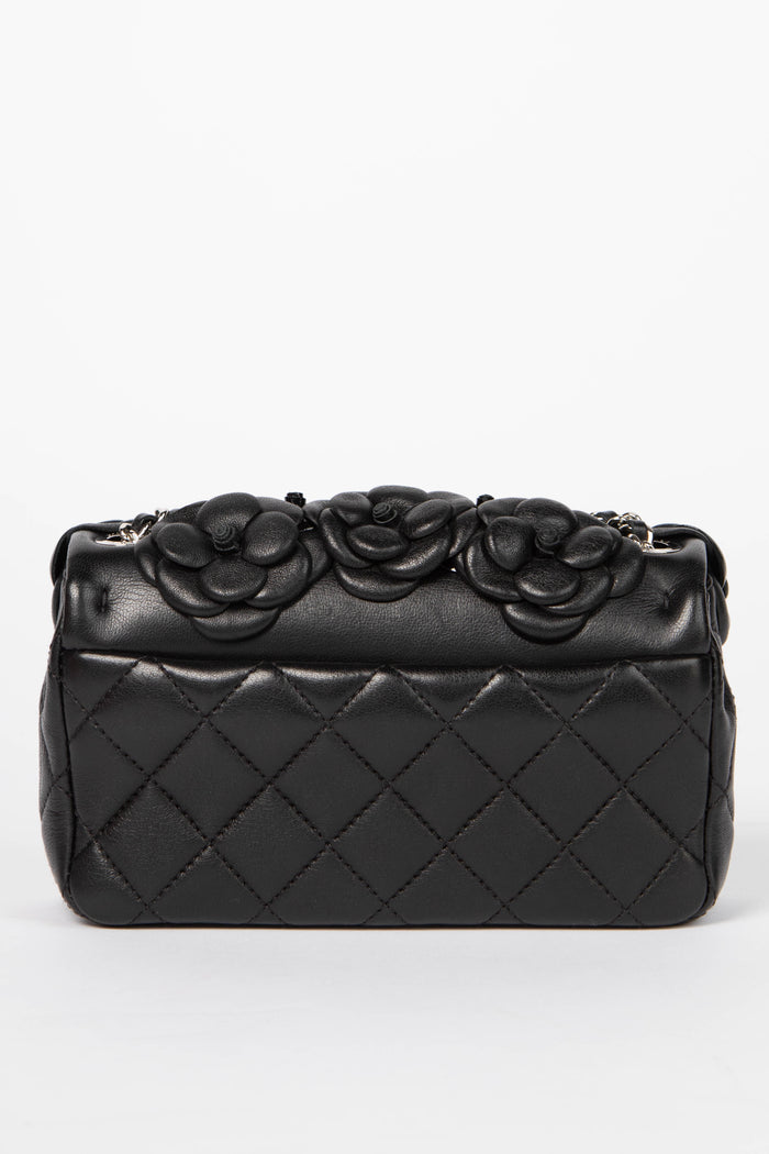 RARE Chanel Black Camellia Mini Rectangular Single Flap Bag