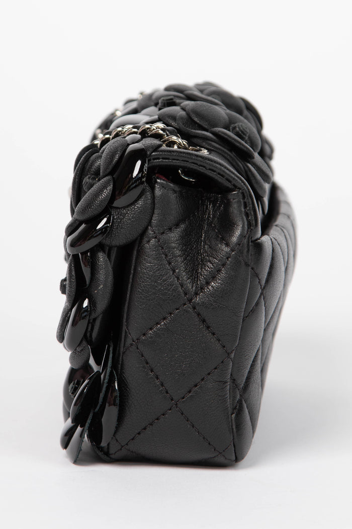 RARE Chanel Black Camellia Mini Rectangular Single Flap Bag