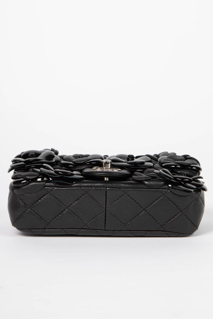 RARE Chanel Black Camellia Mini Rectangular Single Flap Bag