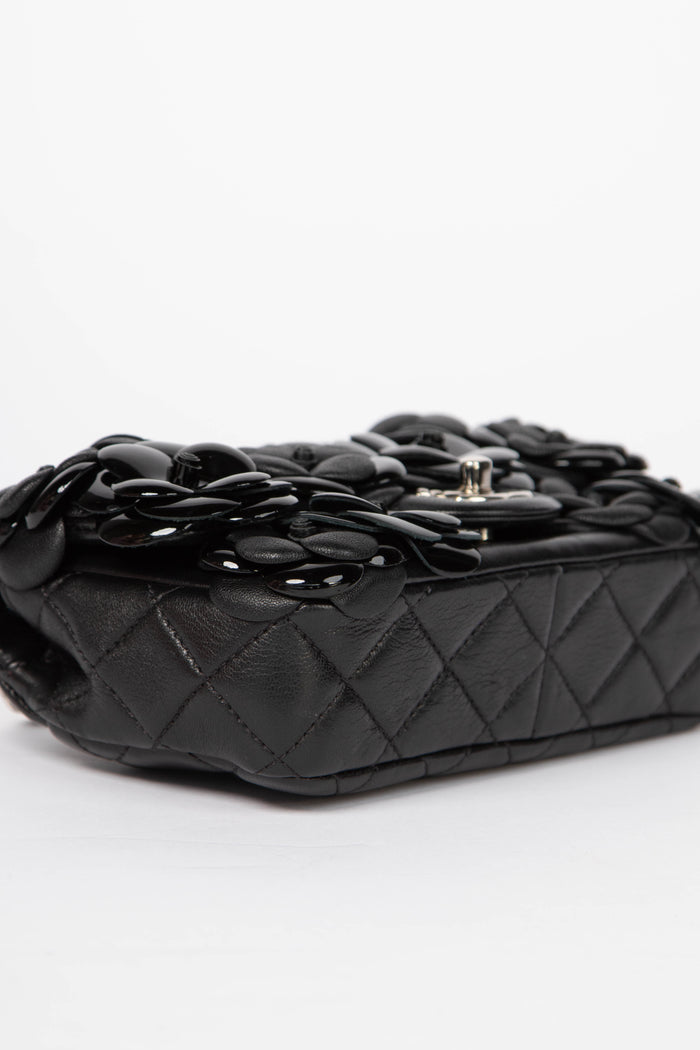 RARE Chanel Black Camellia Mini Rectangular Single Flap Bag