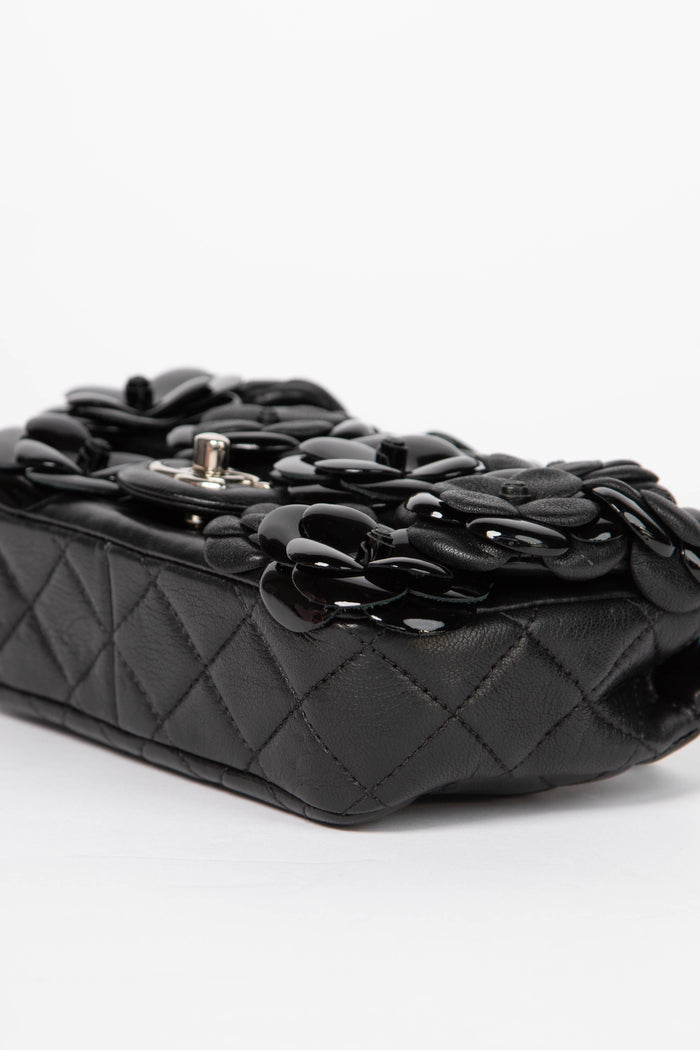 RARE Chanel Black Camellia Mini Rectangular Single Flap Bag