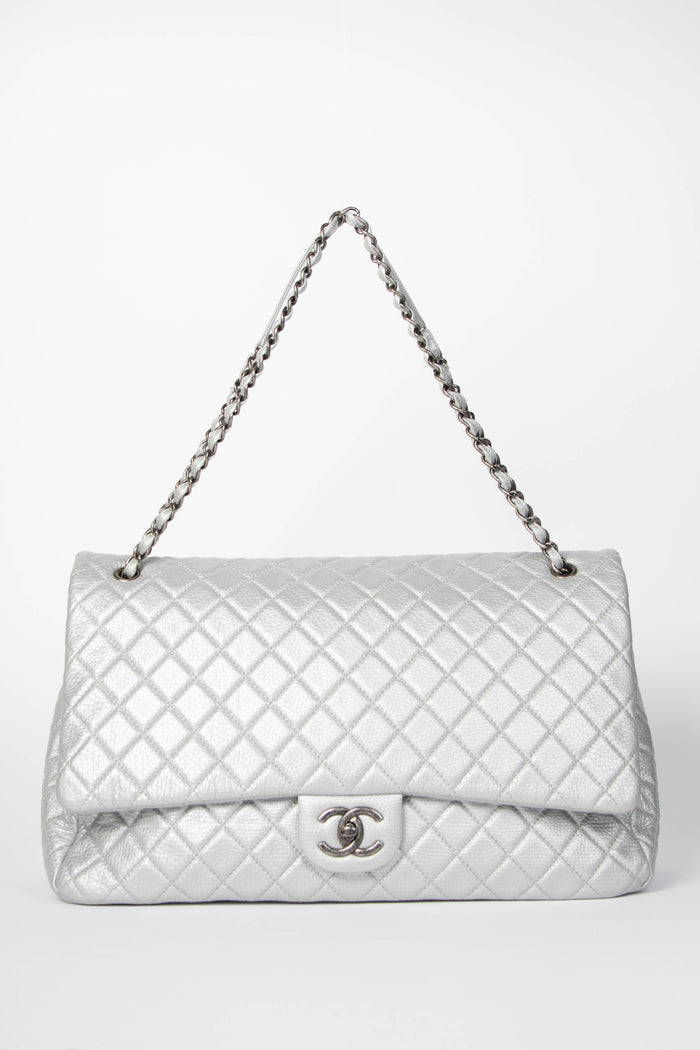 SUPER RARE 2016 Chanel Silver Calfskin XXL Maxi Airline Single Flap