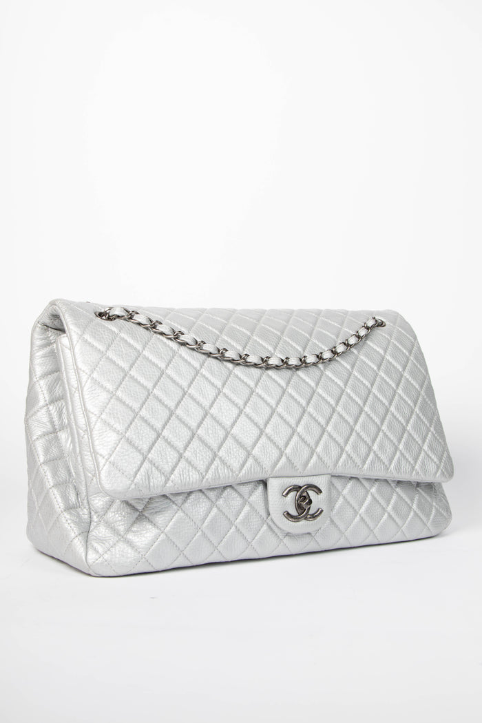 SUPER RARE 2016 Chanel Silver Calfskin XXL Maxi Airline Single Flap