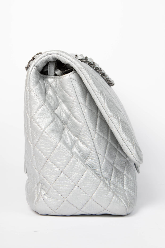 SUPER RARE 2016 Chanel Silver Calfskin XXL Maxi Airline Single Flap