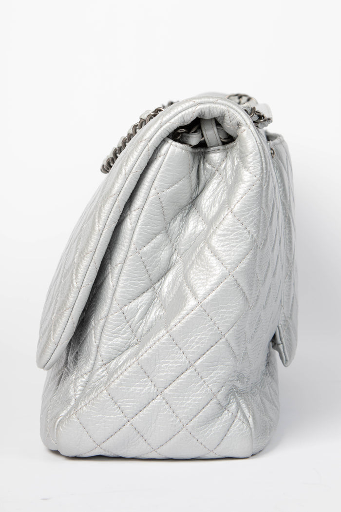 SUPER RARE 2016 Chanel Silver Calfskin XXL Maxi Airline Single Flap