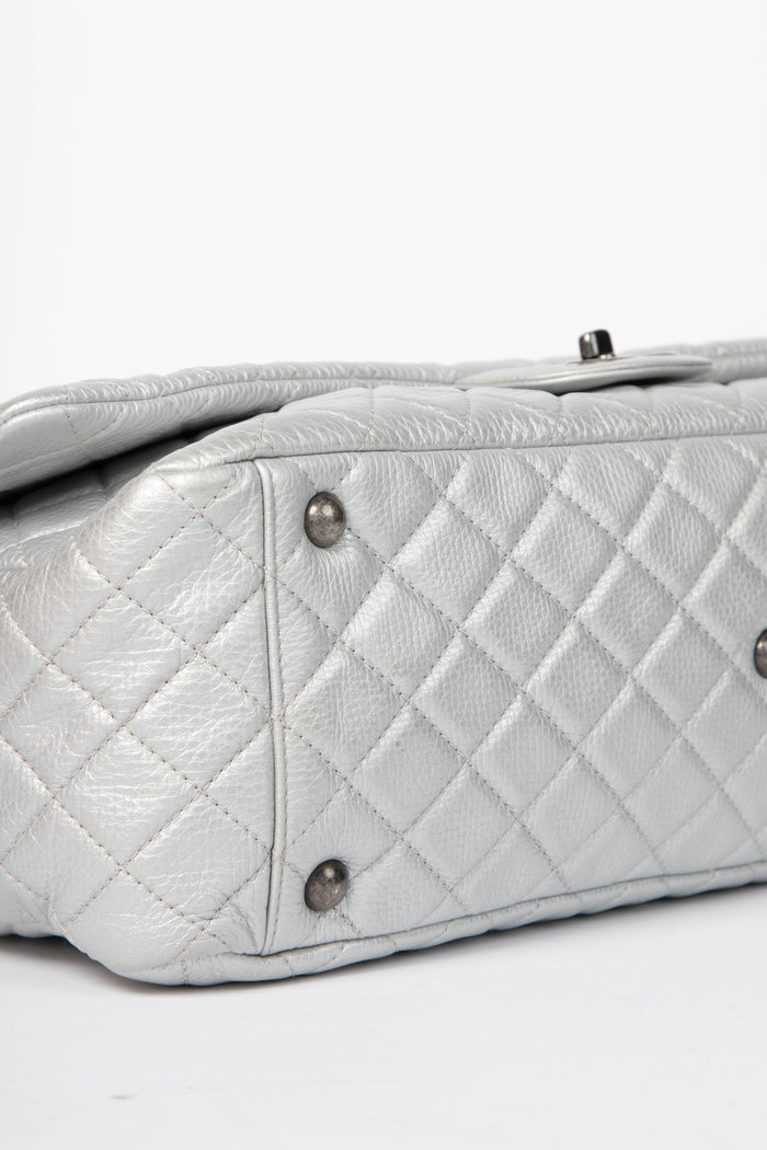 SUPER RARE 2016 Chanel Silver Calfskin XXL Maxi Airline Single Flap