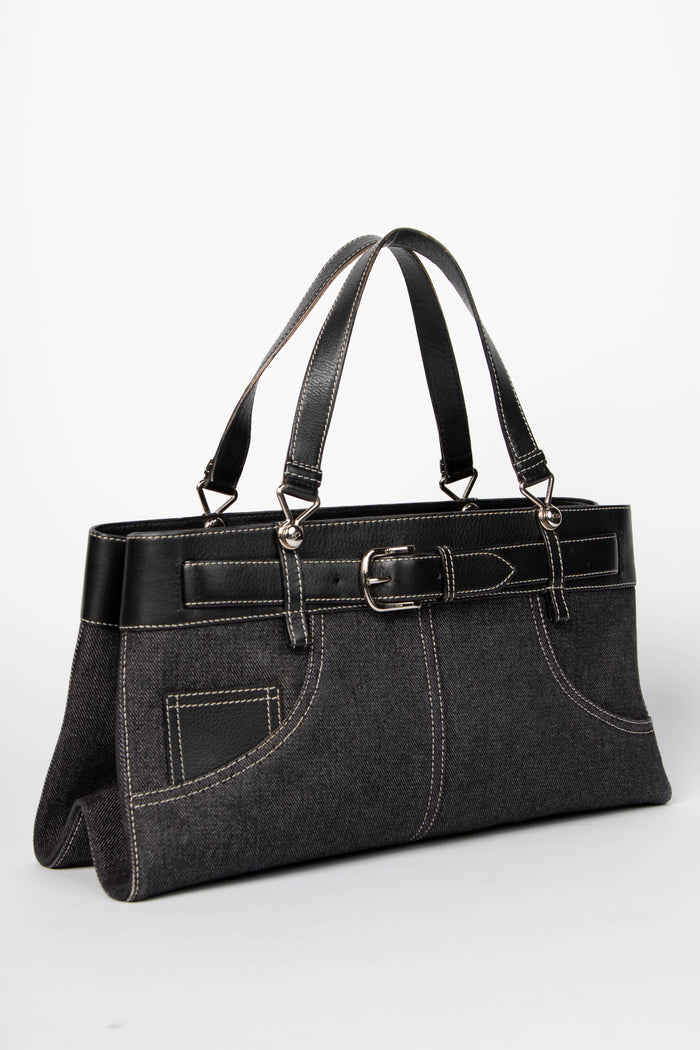 2000s Christian Dior Black Denim Belted Tote Bag