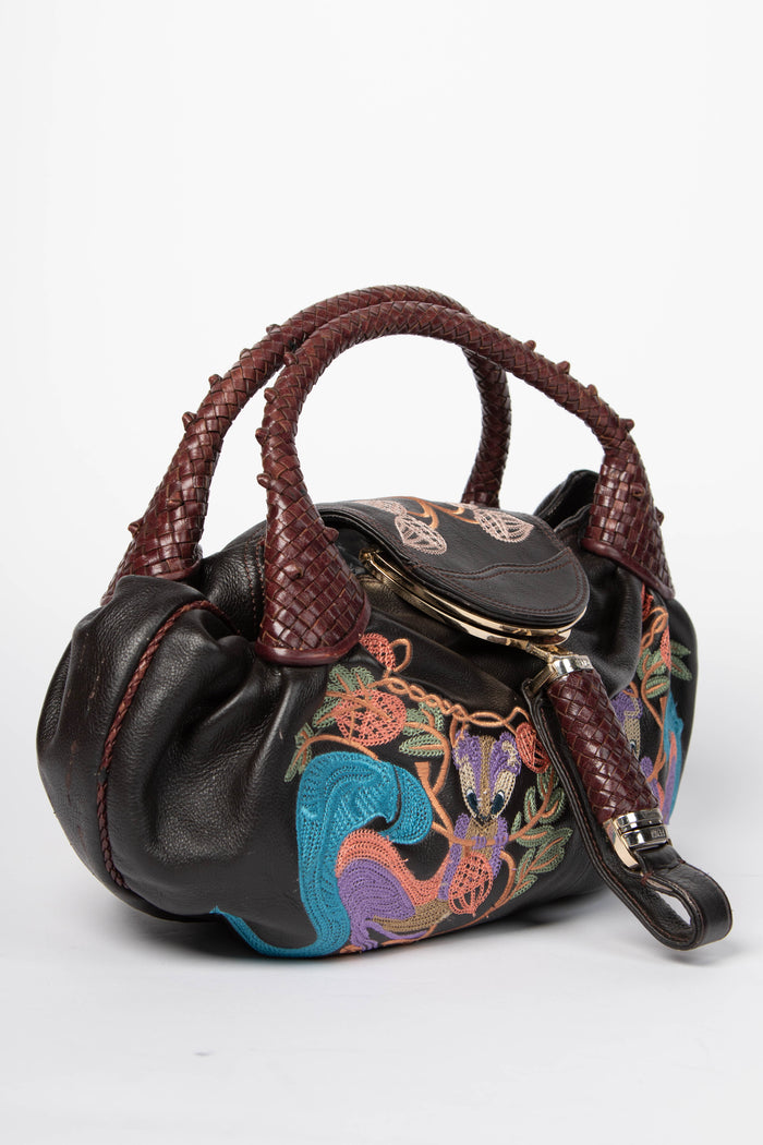 RARE Vintage Fendi Brown Embroidered Leather Spy Bag