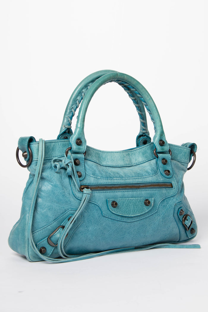 2010s Balenciaga Blue Leather First City Bag
