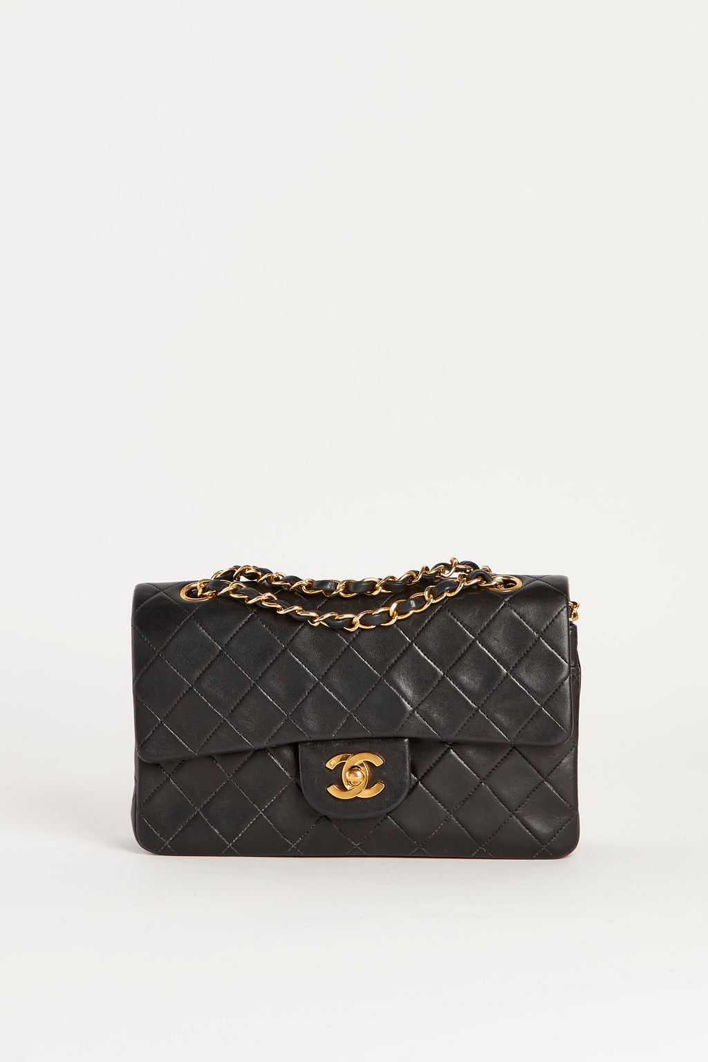 90s Chanel Black Lambskin Small Double Flap Shoulder Bag 24k GHW