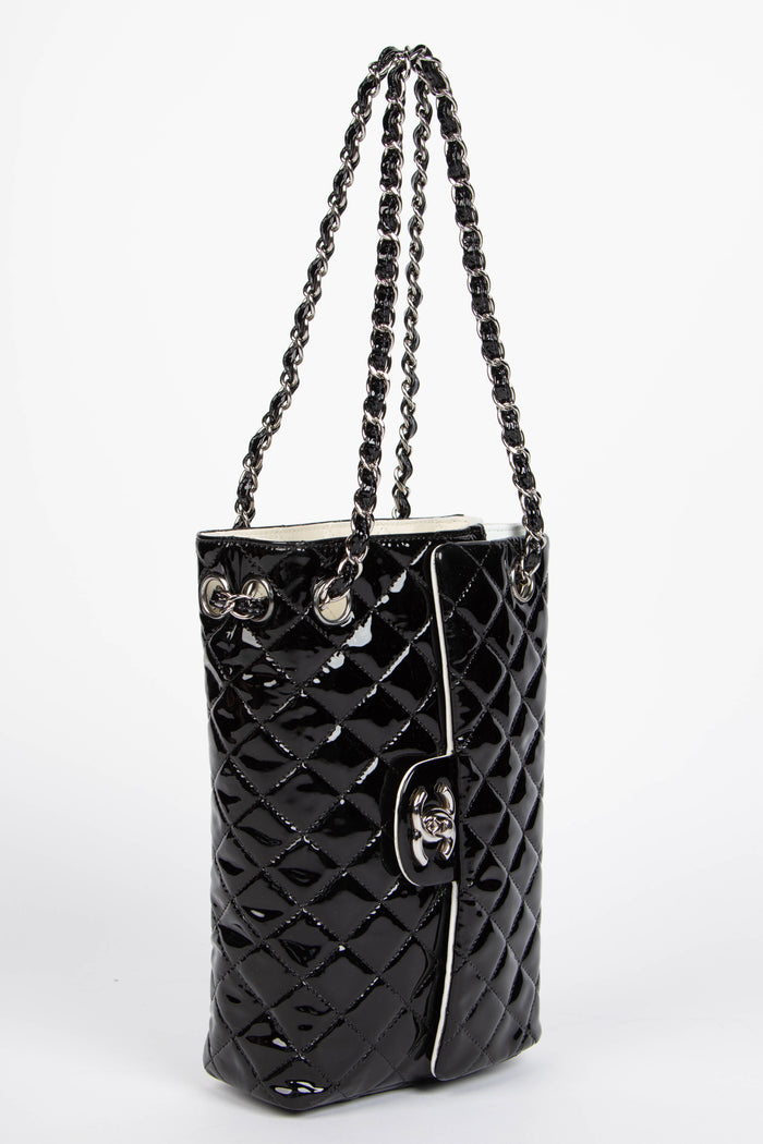 2000s Chanel Black Patent Leather Sideways Flap Shoulder Bag