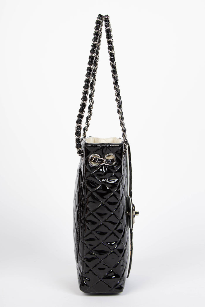 2000s Chanel Black Patent Leather Sideways Flap Shoulder Bag