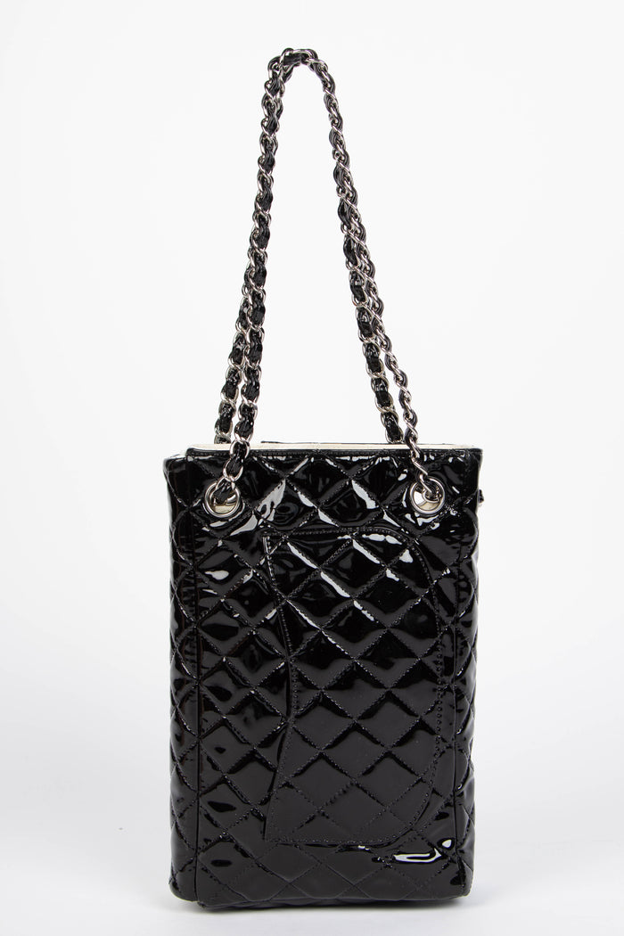 2000s Chanel Black Patent Leather Sideways Flap Shoulder Bag