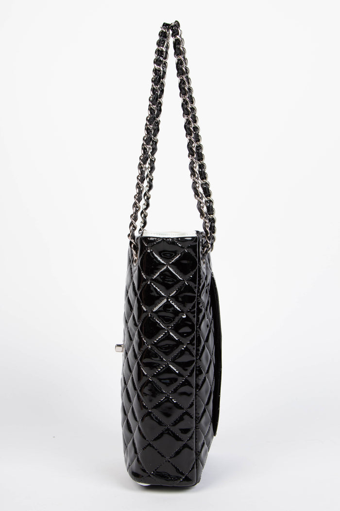 2000s Chanel Black Patent Leather Sideways Flap Shoulder Bag