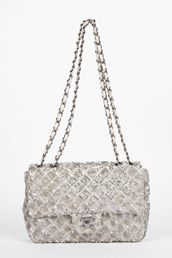 2010s Chanel Silver Sequin Single Flap Shoulder Bag