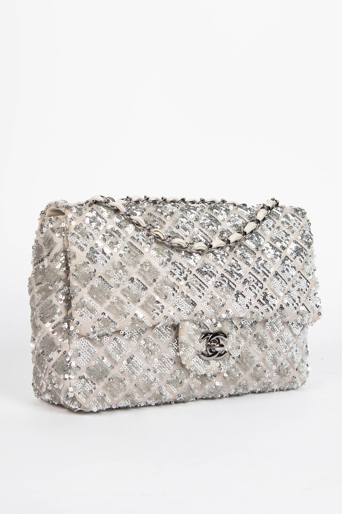2010s Chanel Silver Sequin Single Flap Shoulder Bag