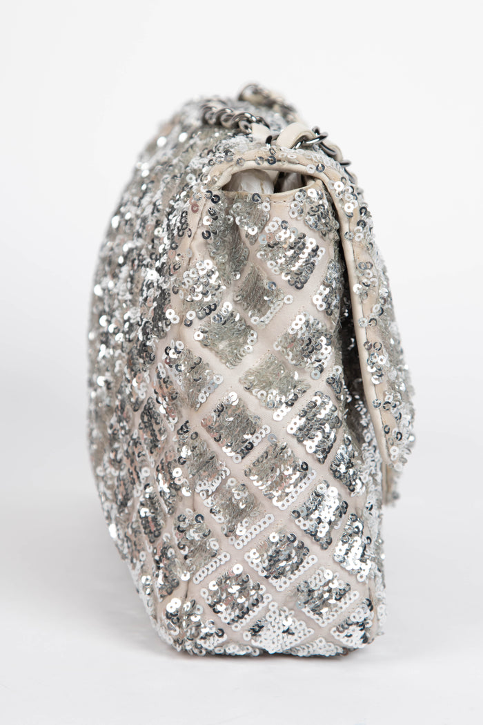 2010s Chanel Silver Sequin Single Flap Shoulder Bag