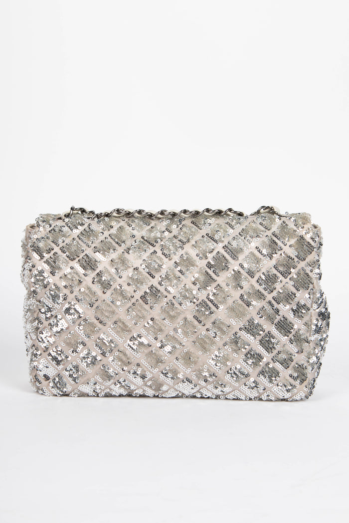 2010s Chanel Silver Sequin Single Flap Shoulder Bag