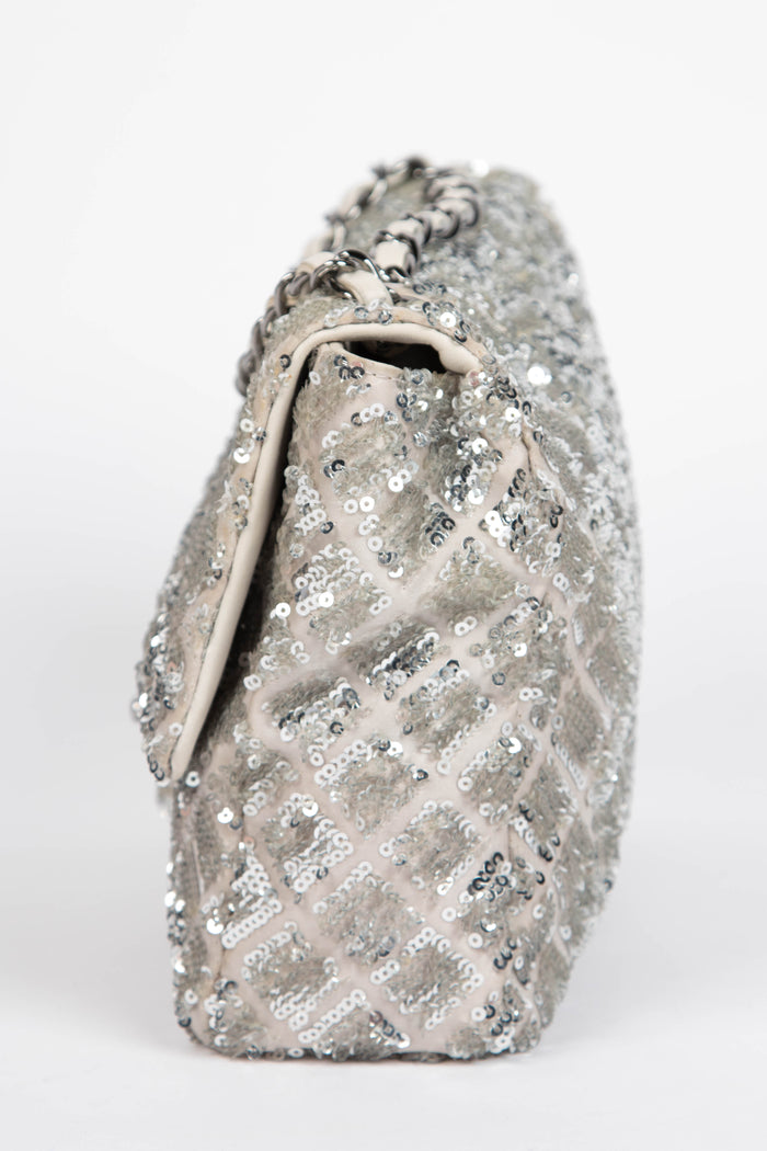 2010s Chanel Silver Sequin Single Flap Shoulder Bag