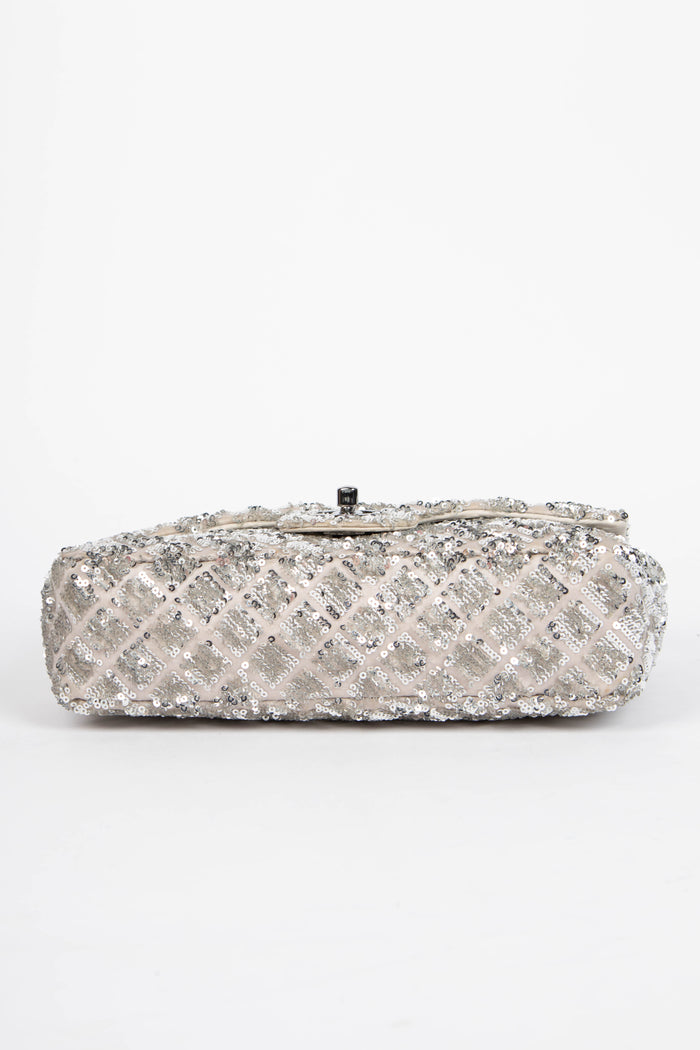 2010s Chanel Silver Sequin Single Flap Shoulder Bag