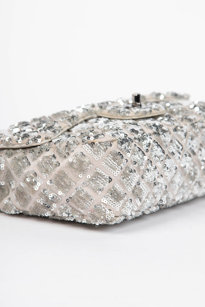 2010s Chanel Silver Sequin Single Flap Shoulder Bag