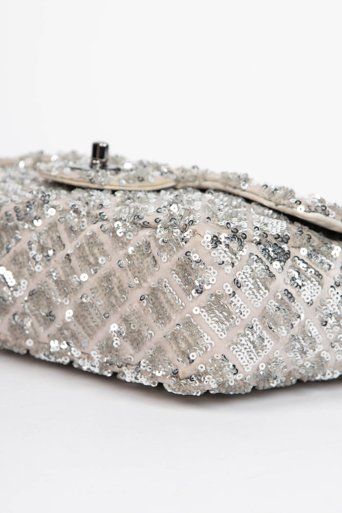 2010s Chanel Silver Sequin Single Flap Shoulder Bag