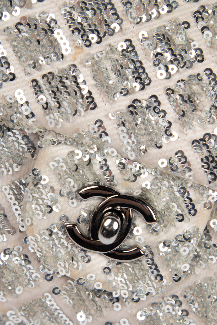 2010s Chanel Silver Sequin Single Flap Shoulder Bag