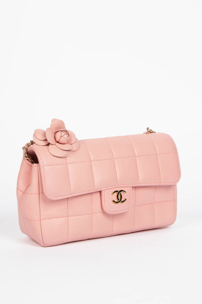 2000s Chanel Pink Lambskin Leather Mini Camellia Chocolate Bar Crossbody Bag