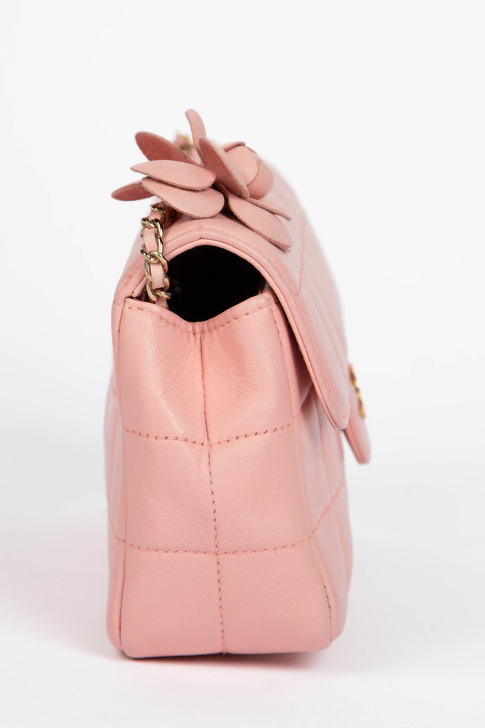 2000s Chanel Pink Lambskin Leather Mini Camellia Chocolate Bar Crossbody Bag