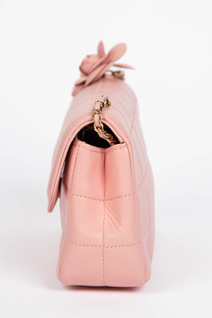 2000s Chanel Pink Lambskin Leather Mini Camellia Chocolate Bar Crossbody Bag