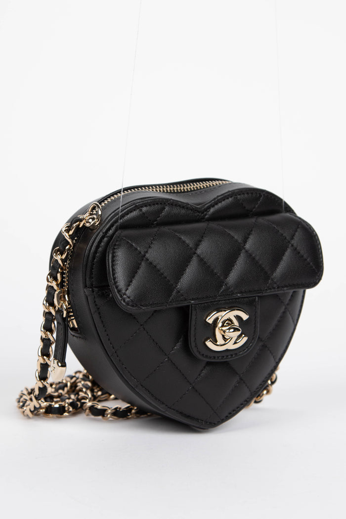 RARE Chanel Black Lambskin Leather Heart Small Cross Body Bag