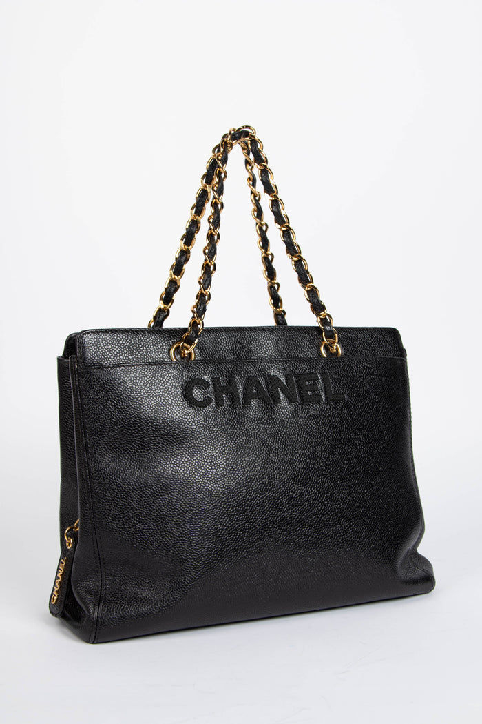 90s Chanel Black Caviar Leather Small Tote Bag