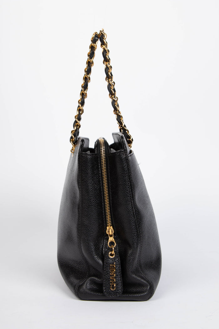 90s Chanel Black Caviar Leather Small Tote Bag