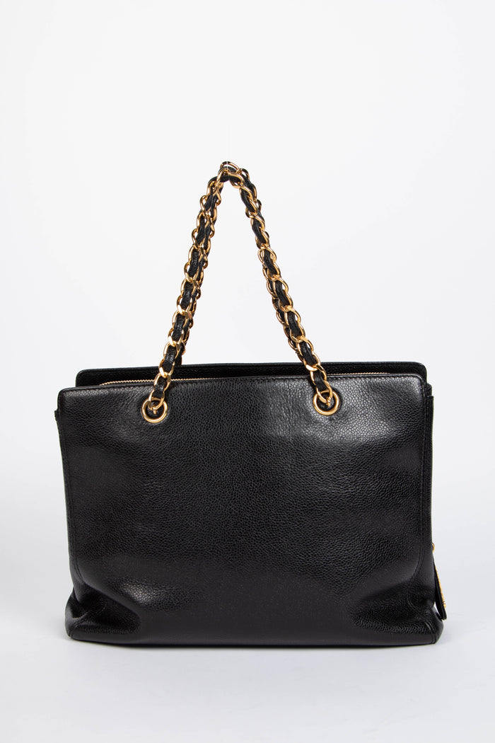 90s Chanel Black Caviar Leather Small Tote Bag