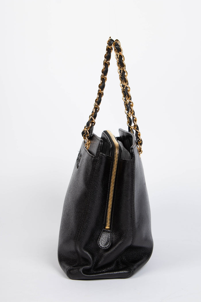 90s Chanel Black Caviar Leather Small Tote Bag