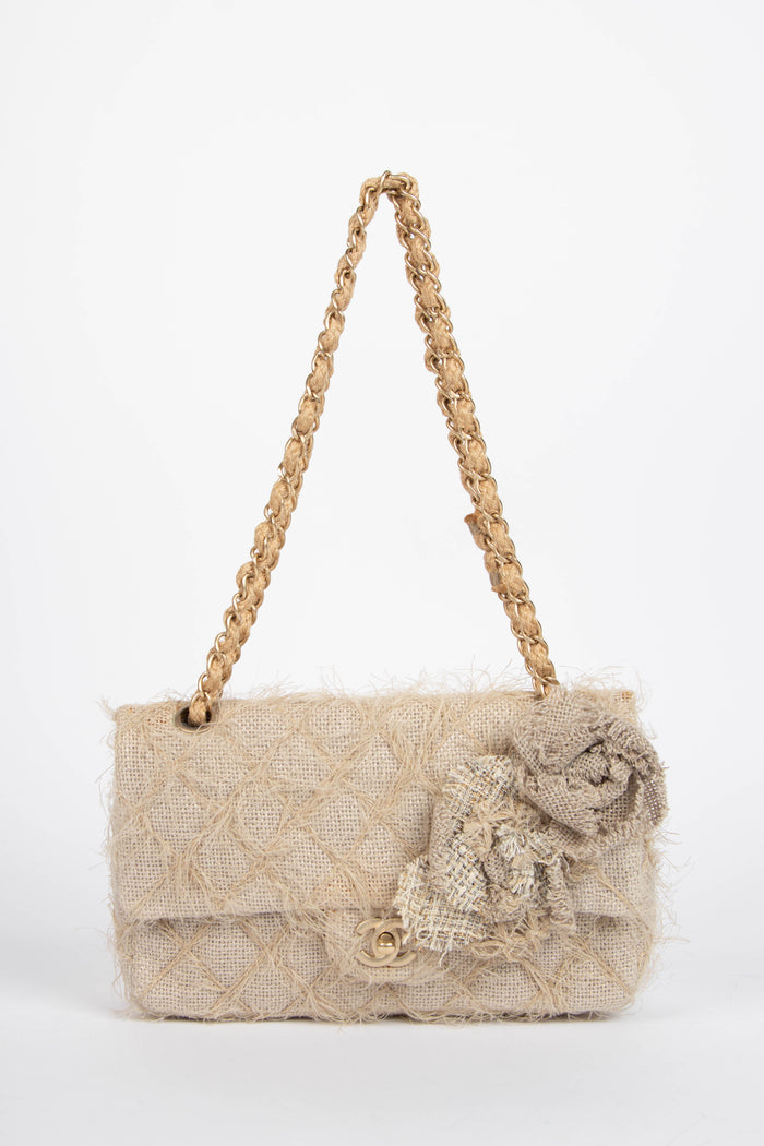 RARE 2009 Chanel Linen Camellia Medium Single Flap Shoulder Bag