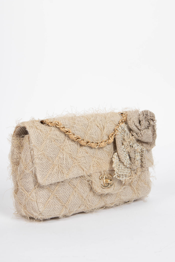 RARE 2009 Chanel Linen Camellia Medium Single Flap Shoulder Bag