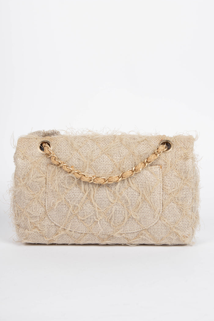 RARE 2009 Chanel Linen Camellia Medium Single Flap Shoulder Bag