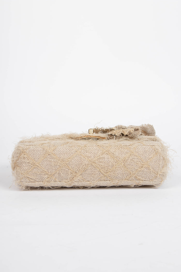 RARE 2009 Chanel Linen Camellia Medium Single Flap Shoulder Bag