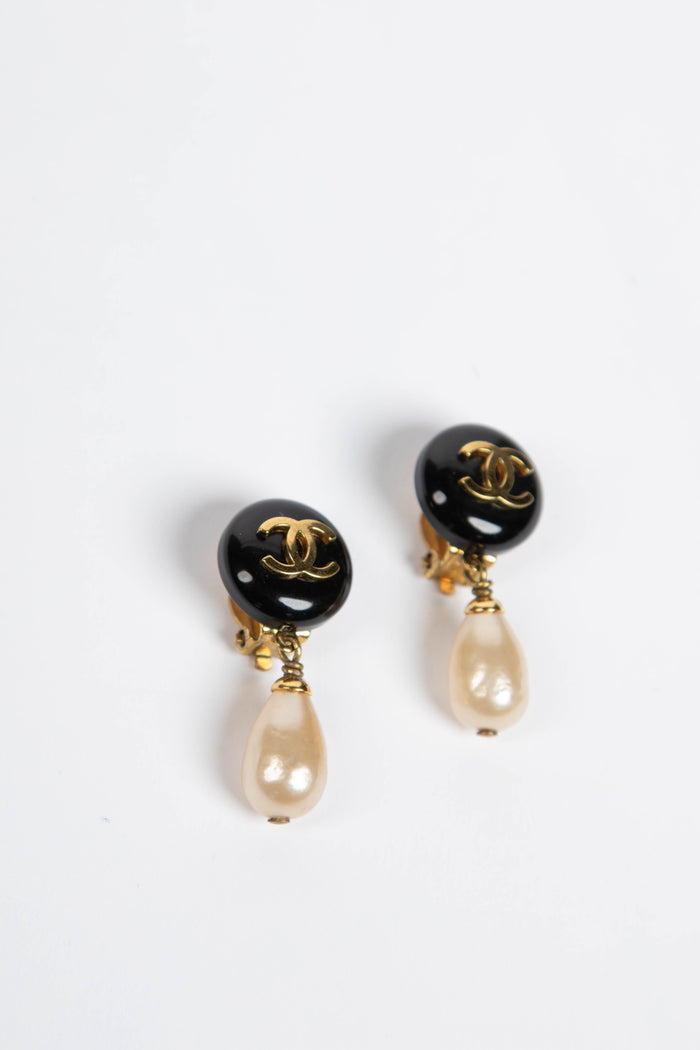 Vintage Chanel Black & Gold Pearl Drop Earrings