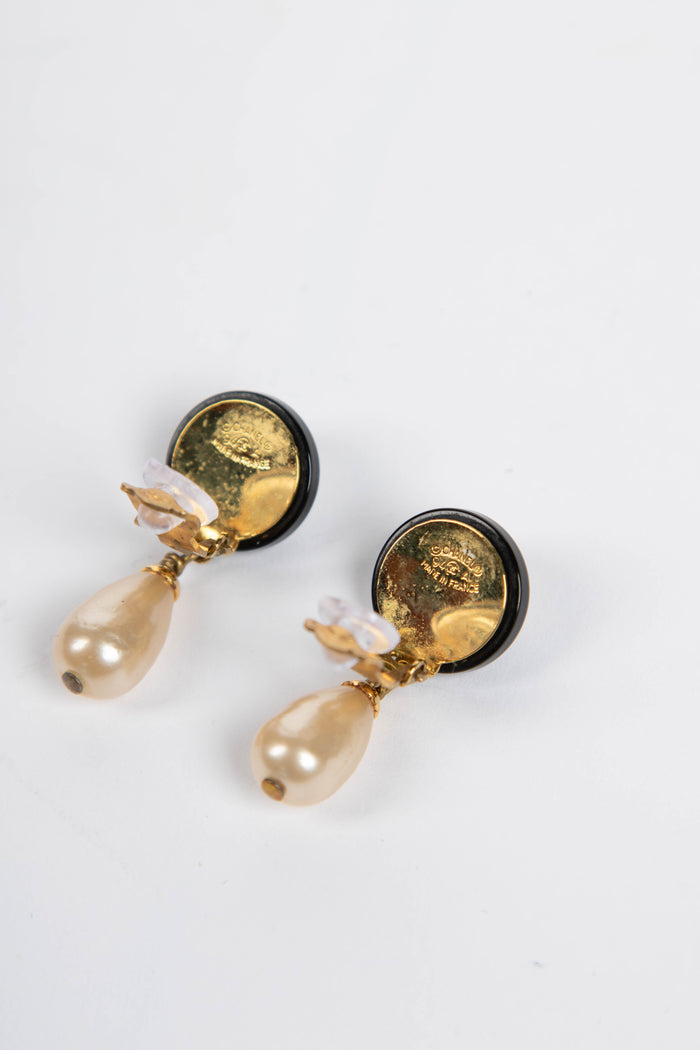 Vintage Chanel Black & Gold Pearl Drop Earrings