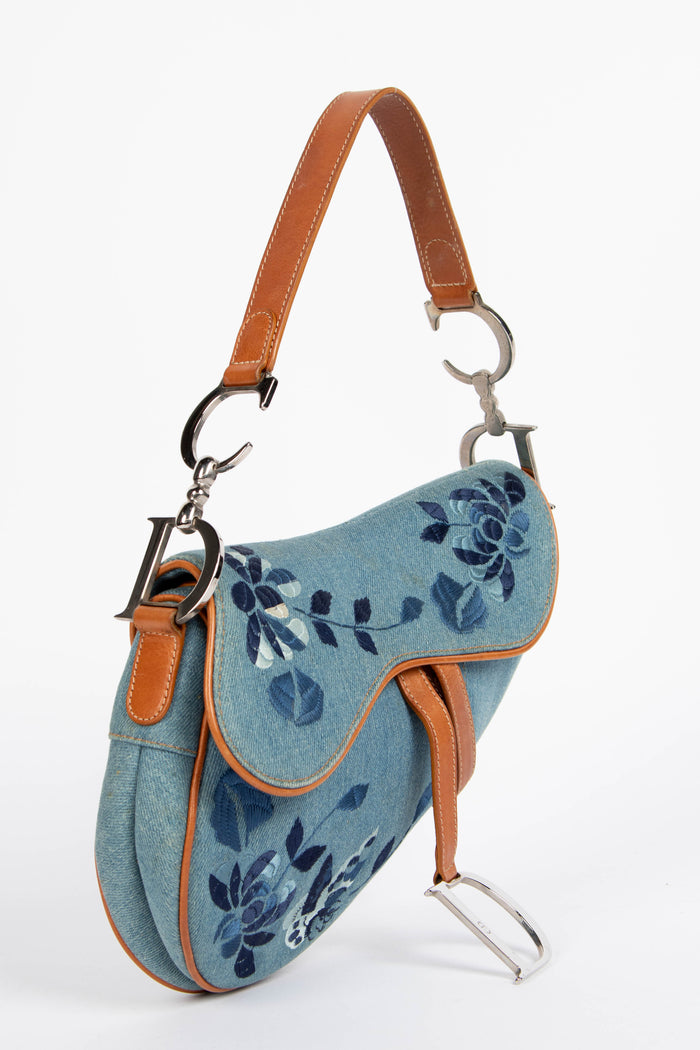RARE 2000s Christian Dior Embroidered Denim Saddle Bag